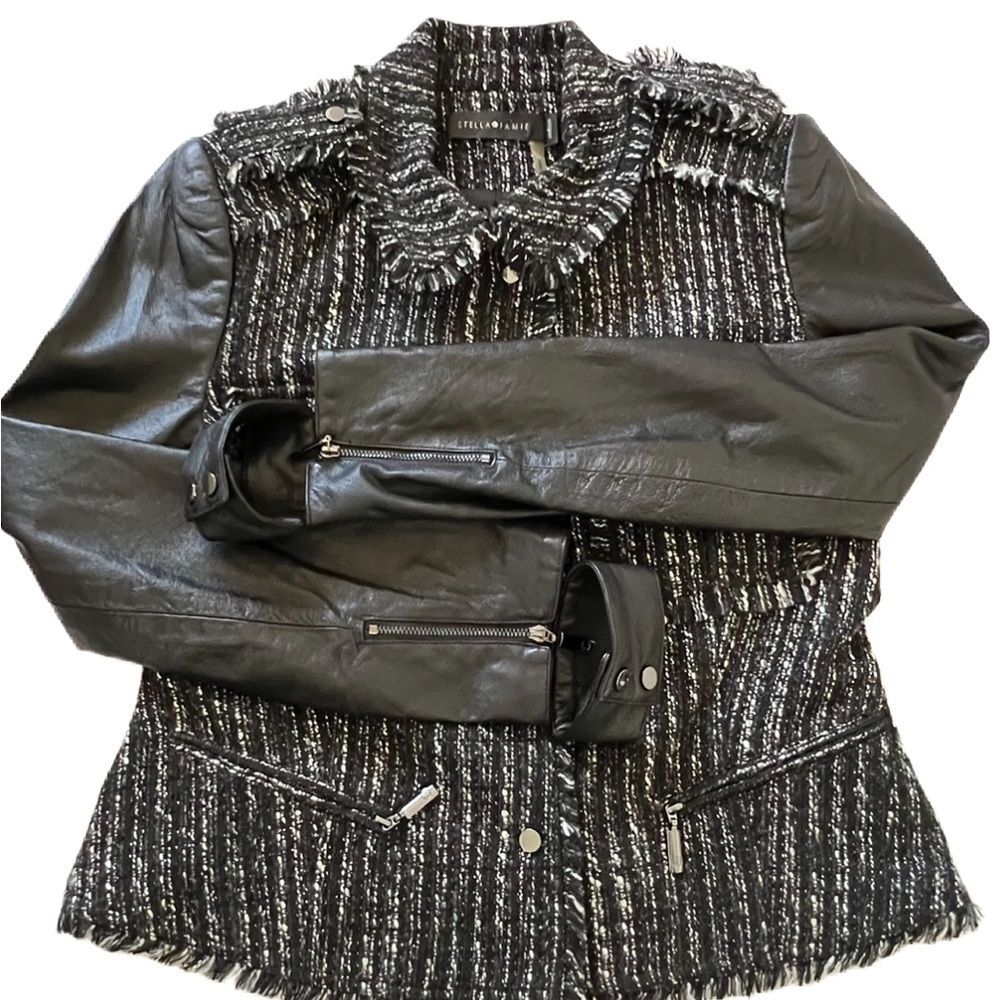 Stella & Jamie Blazer Jacket Sz M Black White Tweed Snap Closure Leather Arms - Picture 3 of 13